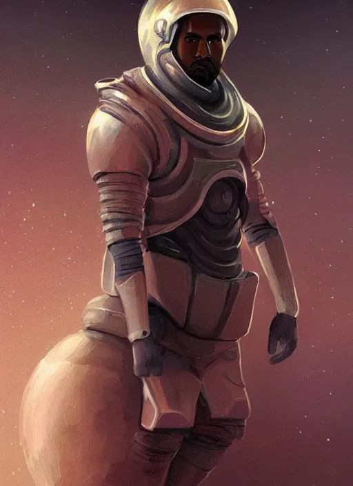 Image similar to painted full body portrait of kanye west as a magicpunk futuristic medieval astronaut by greg rutkowski, he is about 3 0 years old, short blond hair, athletic and strong, straight jaw, wearing futuristic space gear, highly detailed portrait, digital painting, artstation, concept art, smooth, sharp foccus ilustration, artstation hq.