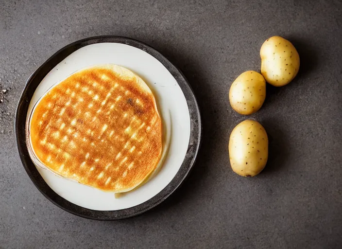 Image similar to potato on a pancake, professional food photography, studio lighting, plating