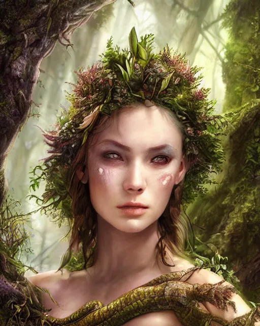 Image similar to portrait high definition photograph female fantasy character art, hyper realistic, pretty face, hyperrealism, iridescence water elemental, snake skin armor forest dryad, woody foliage, 8 k dop dof hdr fantasy character art, by aleski briclot and alexander'hollllow'fedosav and laura zalenga