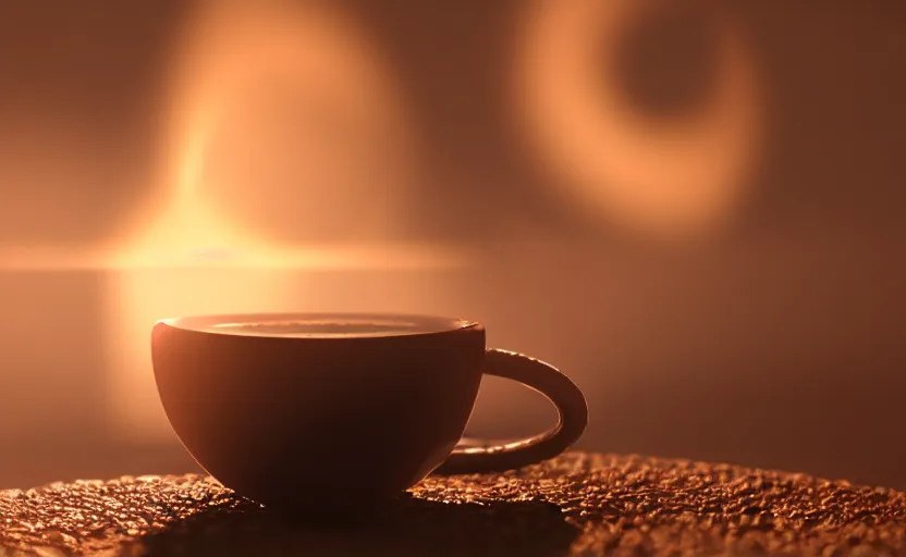 Image similar to a beautiful render of a hot cup of coffee, the steam is forming the three borromean rings, sunset lighting, intricate detail, hazy, humid, volumetric lighting, god rays, 8 k, photorealistic, raytracing effects, unreal engine 5