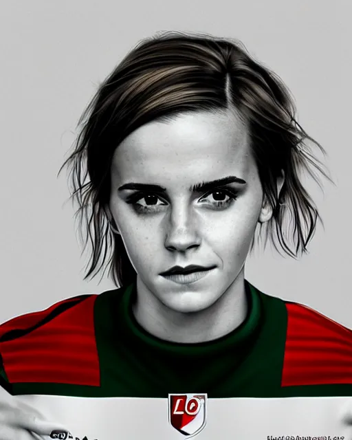 Image similar to a portrait of emma watson as a lokomotiv football player, hyper realistic