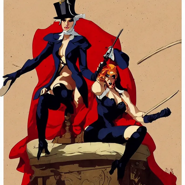 Prompt: french revolutionary sitting on a bloody throne, cameltoe, in the style of artgerm and mike mignola, vibrant colors and hard shadows and strong rim light, plain background, comic cover art, trending on artstation