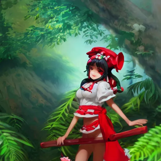 Prompt: a imaginefx pixiv artstation of reimu in the jungle wearing bonnet