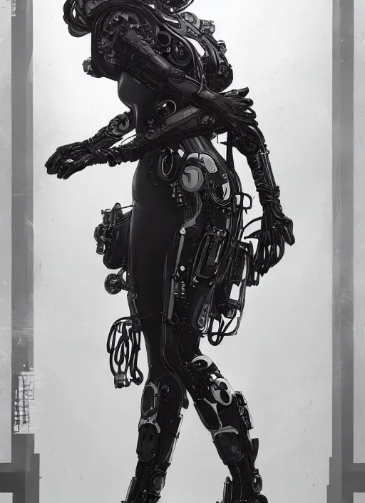 Prompt: a cyborg with mask, black leather garment with art nouveau ivory accessories, cyberpunk, darksynth, luxury, concept art by james jean, extremely detailed, ominous, ethereal, artstation, andree wallin, edvige faini, balaskas, alphonse mucha, 8 k, unreal engine 5