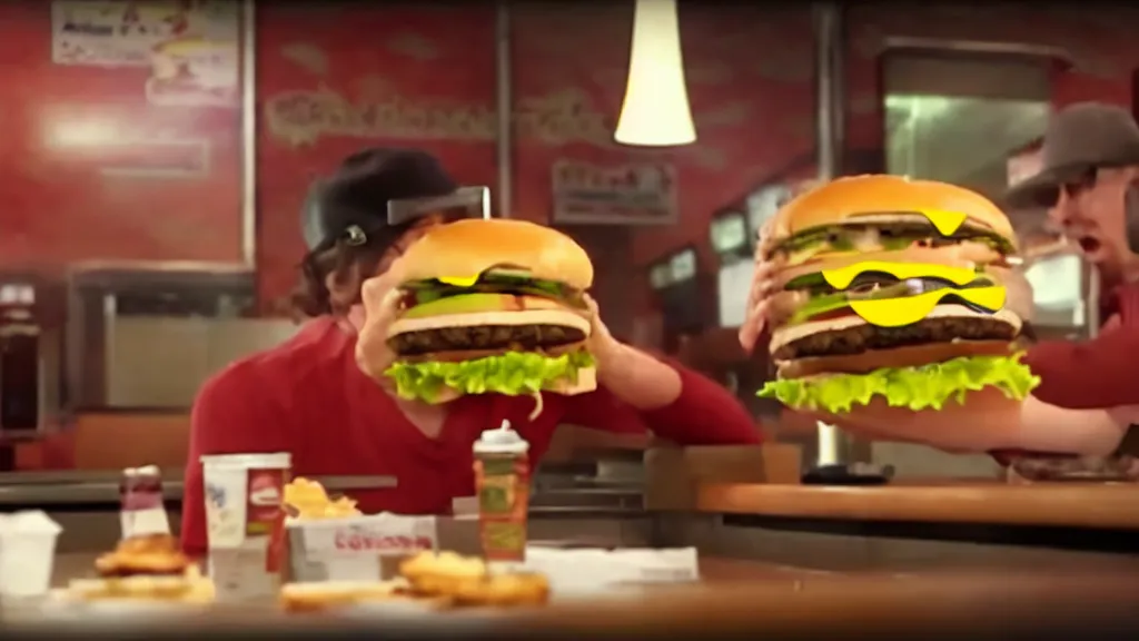 Prompt: the strange creature eats a cheeseburger, at the fast food restaurant, television commercial, directed by david cronenberg studio lighting, extremely professional