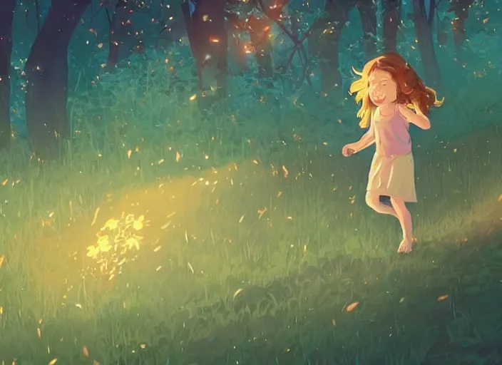 Prompt: little girl with short wavy curly light brown hair chasing fireflies in the woods. clean cel shaded vector art. shutterstock. behance hd by lois van baarle, artgerm, helen huang, by makoto shinkai and ilya kuvshinov, rossdraws, illustration, art by ilya kuvshinov