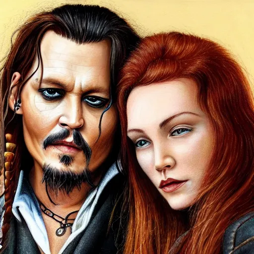 Image similar to portrait of johnny depp with his new girlfriend ginger hair woman detailed face detailed 8 k