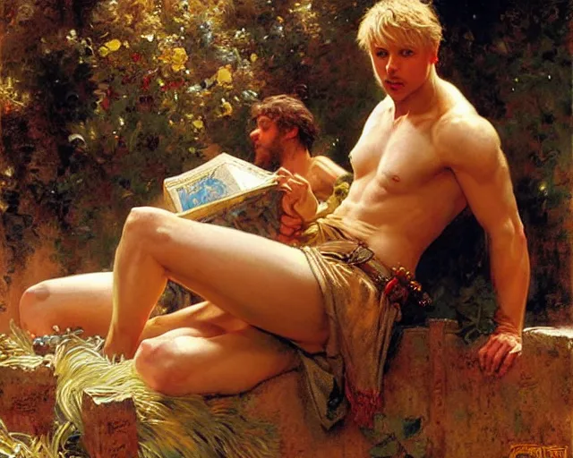 Prompt: arthur pendragon shirtless but still with pants flirting wit his knight. the knight is also flirting back, highly detailed painting by gaston bussiere, craig mullins, j. c. leyendecker