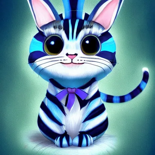 Prompt: cute blue striped cheshire cat. an adorable cat with light blue stripes, blue eyes and a big mischievous smile. stunning digital art by mona sundberg. fluffy, plush - like