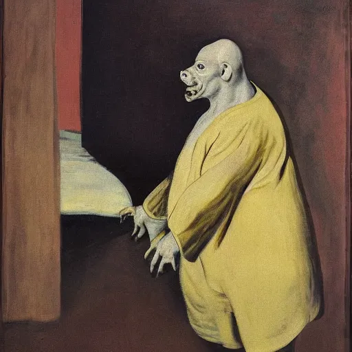 Image similar to a screaming pig wearing a robe painted by francis bacon