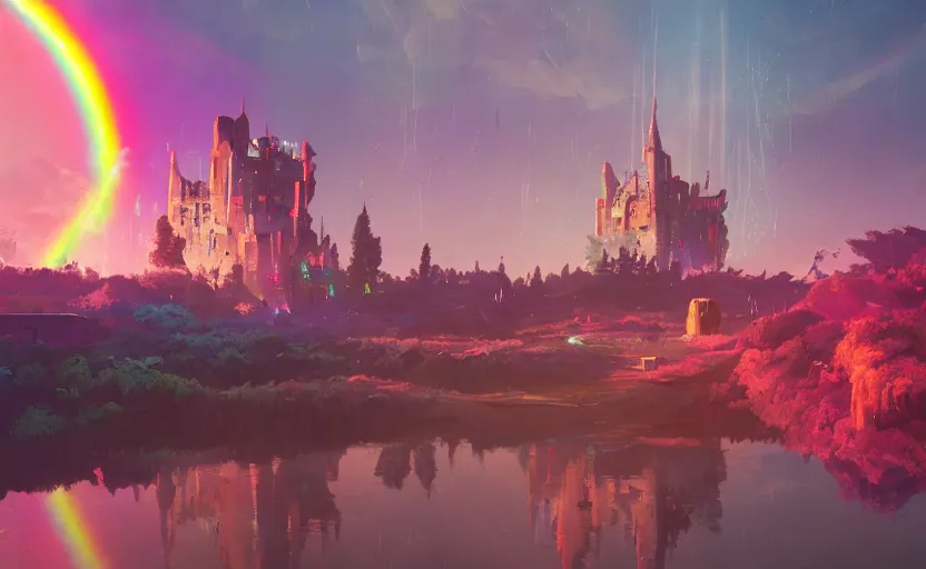 Image similar to A landscape with a giant rainbow bridge leading to a castle, magical portal, cyberpunk, glowing runes, technology, Low level, rendered by Beeple, Makoto Shinkai, syd meade, simon stålenhag, environment concept, synthwave style, digital art, unreal engine, WLOP, trending on artstation, 4K UHD image, octane render,