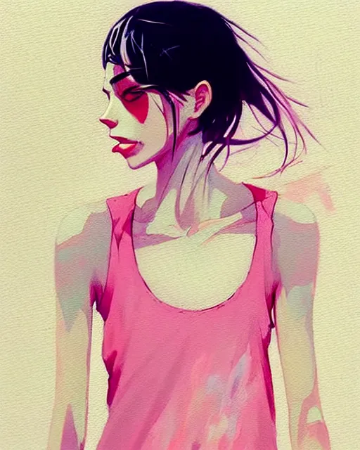 Image similar to a ultradetailed beautiful painting of a stylish woman in a pink tank top, by conrad roset, greg rutkowski and makoto shinkai trending on artstation