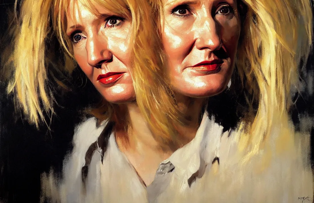 Prompt: portrait of jk rowling!!!!!!!!!!!!!!!!!!!!!!!!!!!, detailed face, detailed painting, epic lighting, by ilya repin, phil hale and kent williams