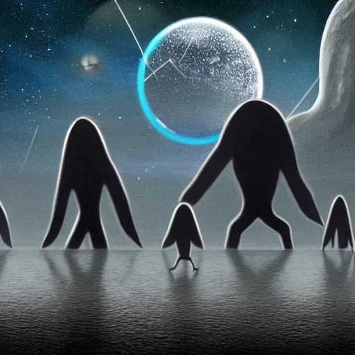 Image similar to a group of faceless shadowy creatures building the universe