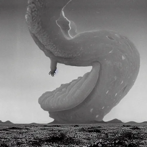 Prompt: enormous nudibranch kaiju attacking a city in a salt plain golden hour by David Lynch 35mm film grain