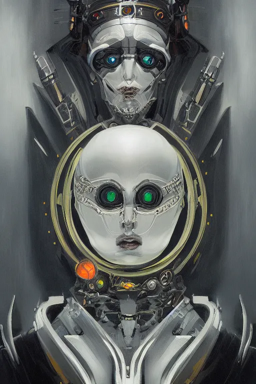 Image similar to portrait of an ominous mysterious bright futuristic robotic religious figure addressing its followers, oil on canvas, gothic style, ornate, elegant, highly detailed, concept art, trending on artstation