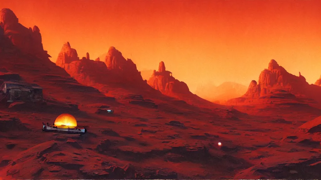 Prompt: mars empire of the mountains by paul lehr and john schoenherr, cinematic matte painting