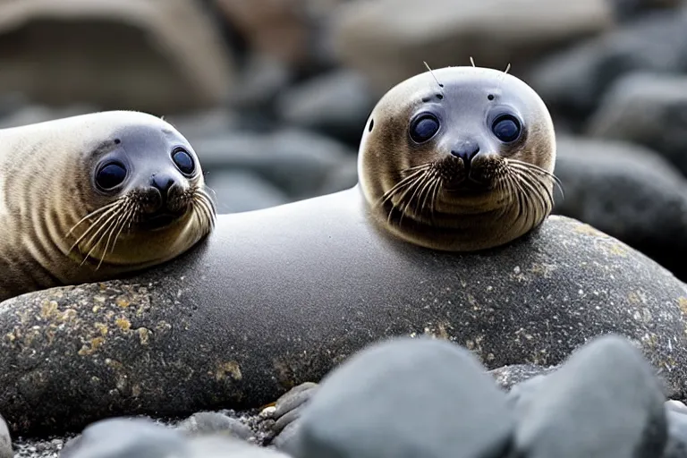 Prompt: adorable baby seal on a rocky beach,