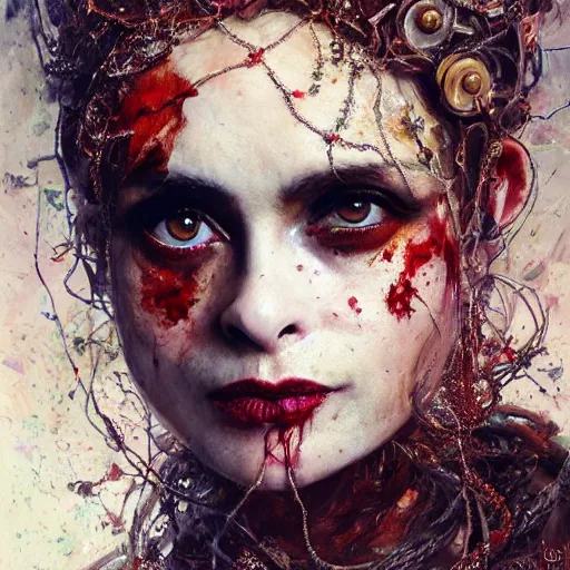 Prompt: expressive oil painting, of helena bonham carter mixed with sophia lauren, bumpy mottled skin full of blood and scars, ornate headpiece made from crystals, cables and wires, body horror, by yoshitaka amano, by greg rutkowski, by jeremyg lipkinng, by artgerm, digital art, octane render