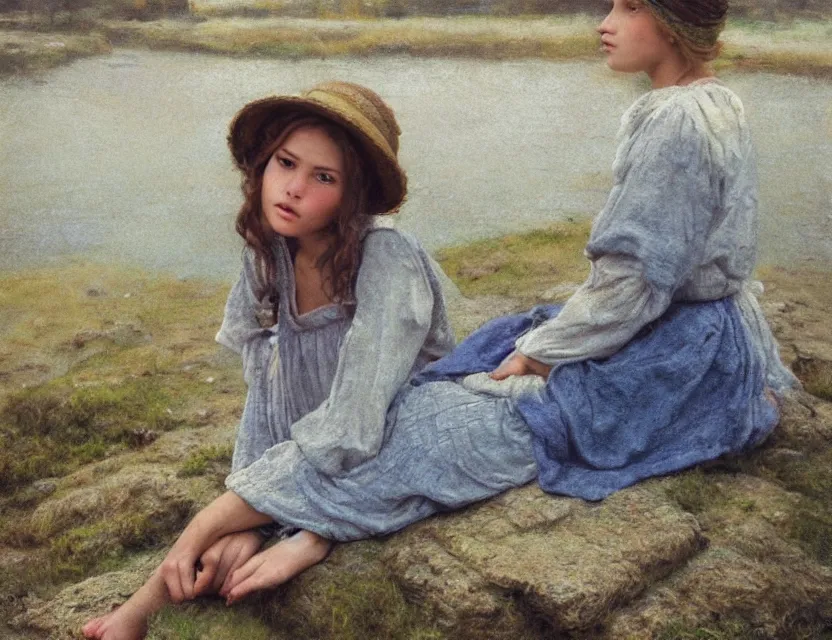 Prompt: peasant girl sitting on a stone by a shore of river, cottage core, cinematic focus, polaroid photo bleached vintage pastel colors high - key lighting, soft lights, foggy, by steve hanks, by lisa yuskavage, by serov valentin, by tarkovsky, 8 k render, detailed, oil on canvas