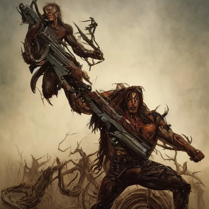 Image similar to The evil dead, manowar album cover, Muscular man, chainsaw attached to hand, short double barrel shotgun. dead demons, blood, artstation, concept art, smooth, sharp focus, highly detailed, illustration, art by artgerm and greg rutkowski and alphonse mucha