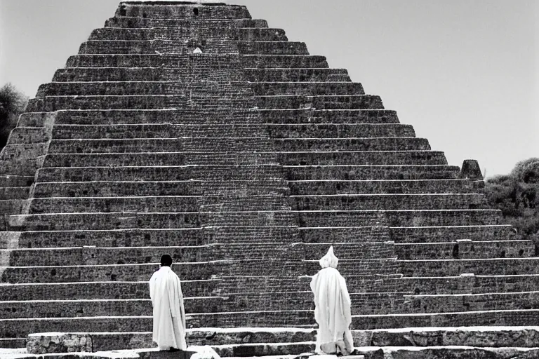 Prompt: full body photo portrait of ancient attractive provocative aztec beauty on top of the stone aztec pyramid as a priest during ritual, masses of people in the distance , old photo, highly detailed, fashion photography,award winning photo, black and white, by Annie Leibovitz, Ansel Adams, Dayanita Singh