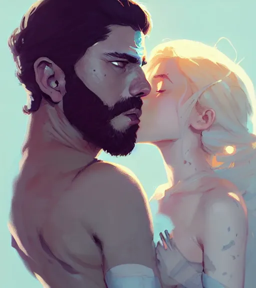 Image similar to portrait of jon kissing dany by atey ghailan, by greg rutkowski, by greg tocchini, by james gilleard, by joe fenton, by kaethe butcher, dynamic lighting, gradient light blue, brown, blonde cream and white color scheme, grunge aesthetic