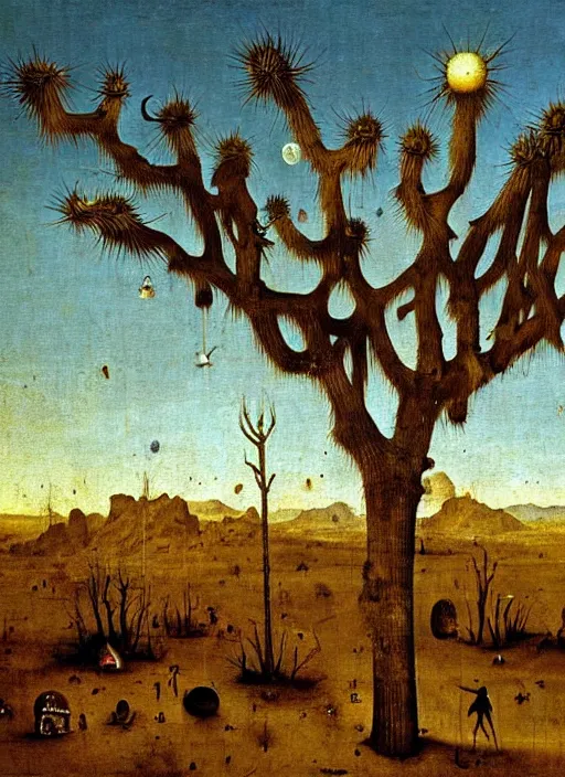 Image similar to Barren Desert by Hieronymus Bosch, Joshua trees, surreal oil painting, highly detailed, dream like, masterpiece