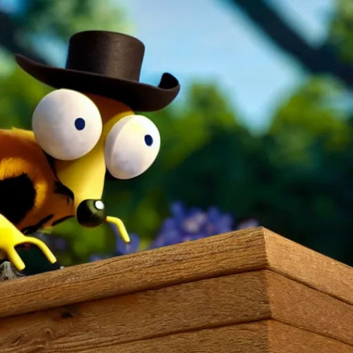 Image similar to a pixar still of a honeybee wearing a top hat