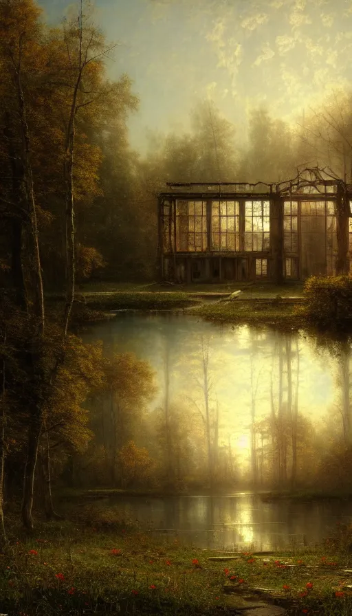 Prompt: a beautiful photorealistic painting of abandoned place building unfinished building city architecture nature urbex by albert bierstadt, lake sunset poppy jupiter tundra darkacademia, archdaily, wallpaper, highly detailed, trending on artstation.