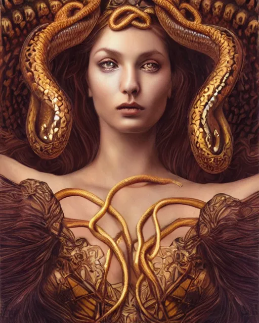 Image similar to portrait of the strangly beautiful young goddess of snakes, surreal, fantasy, intricate, elegant, dramatic lighting, emotionally evoking symbolic metaphor, highly detailed, lifelike, photorealistic, digital painting, painterly, artstation, concept art, smooth, head in focus, sharp focus, illustration, art by John Collier and Krenz Cushart and Artem Demura and Alphonse Mucha and Albert Aublet,