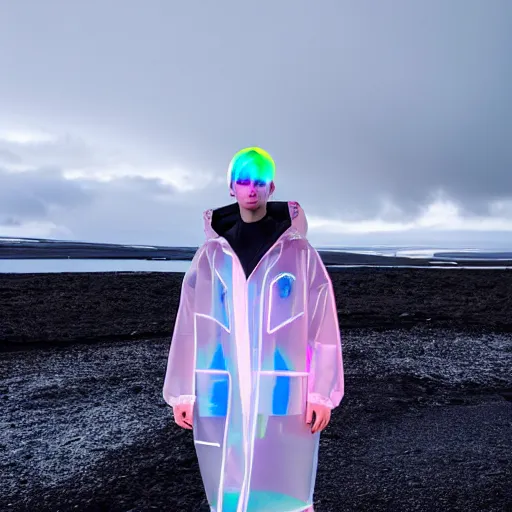 Image similar to an ultra high definition professional studio quality photograph of an artificially intelligent cyberpunk art influencer wearing a transparent iridescent pastel coloured face visor and matching raincoat on white coat hook in a sheer icelandic black rock environment. dramatic lighting. volumetric shadows. light rays