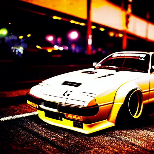 Image similar to a car s30 turbo drift at illegal car meet, Shibuya prefecture, city midnight mist lights, cinematic lighting, photorealistic, highly detailed wheels, high detail