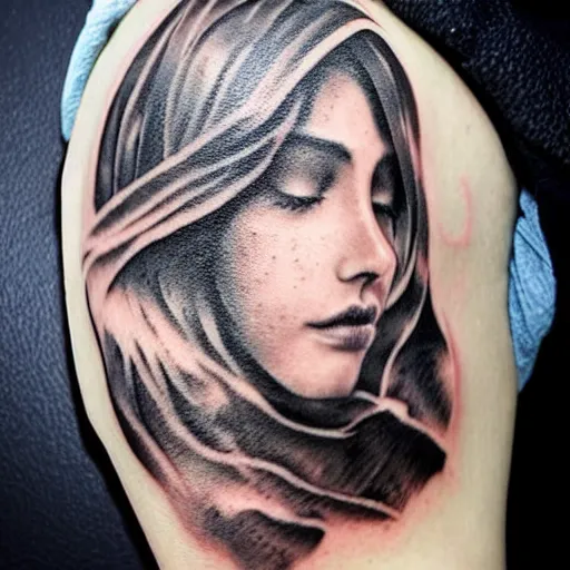 Prompt: a tattoo design of a beautiful girl face faded in a mountain scenery, in the style of den yakovlev, hyper - realistic, amazing detail