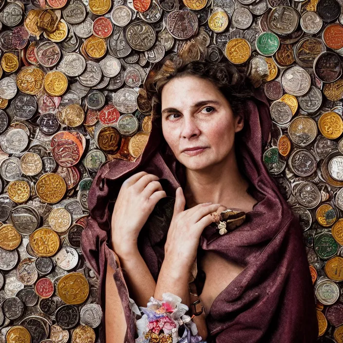 Image similar to closeup portrait of a woman wearing a cloak made of coins and flowers, standing in an apocalyptic smoking city, by Annie Leibovitz and Steve McCurry, natural light, detailed face, CANON Eos C300, ƒ1.8, 35mm, 8K, medium-format print