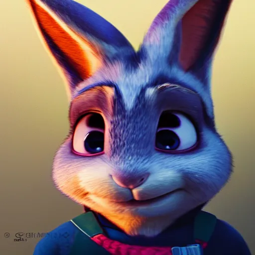 Prompt: A portrait of Judy Hopps, up close, sharp focus, soft lighting, beautiful lighting, backlit fur, extremely detailed furry art, furaffinity, trending on artstation, greg rutkowski, award winning painting