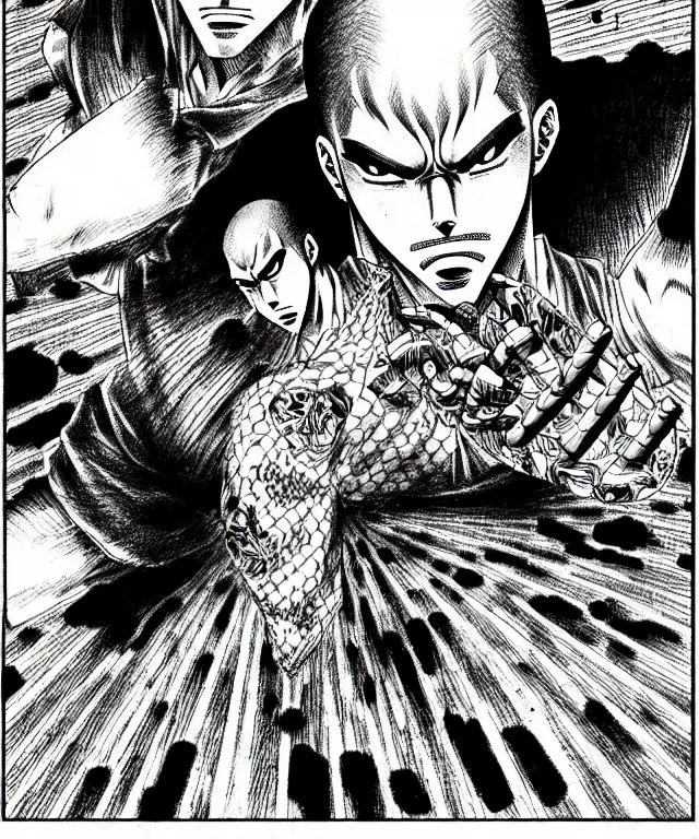 Image similar to A manga about a shaved-headed scarred yakuza. Sharp high quality manga, fine details, straight lines, solo, architecture in the background, masterpiece, highly detailed drawing by Kentaro Miura