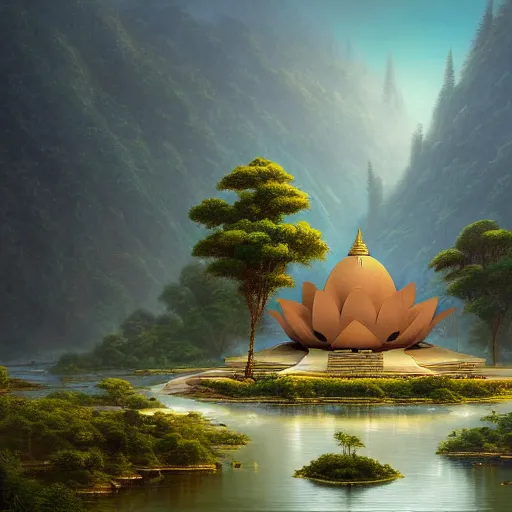 Image similar to A beautiful hyper realistic detailed matte painting of a lotus shaped temple nestled in forest mountains by John Howe and Albert Bierstadt and Alena Aenami and dan mumford and dave noton, unreal engine, trending on behance