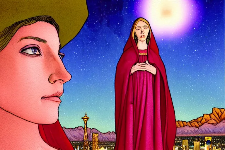 Prompt: a hyperrealist watercolour character concept art portrait of the blessed mother of guadalupe, glowing on well lit night in las vegas, nevada. there is a ufo in the background. desert elements. flowers adorn. beautiful gradients. by rebecca guay, michael kaluta, charles vess and jean moebius giraud
