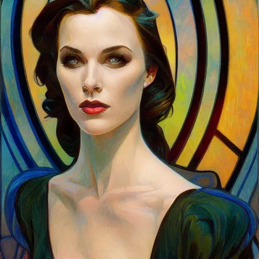 Image similar to a streamline moderne painting in the style of donato giancola, and in the style of charlie bowater, and in the style of alphonse mucha. symmetry, smooth, sharp focus, semi - realism, intricate detail.