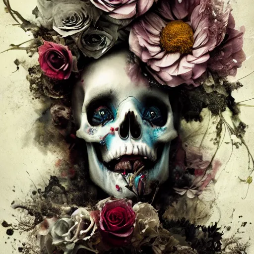 Prompt: skull and cemetary flowers, by brooke shaden and alberto seveso and eve ventrue and john salminen and tim okamura, trending on artstation hq, deviantart, pinterest, 4 k uhd image