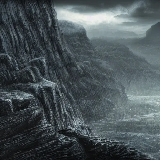 Image similar to basalt cliffs with sharp edges, dark atmosphere fantasy landscape, high detail, fantasy art, concept art, 4 k, ultra detail, computer art