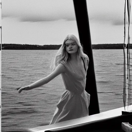 Image similar to Elle Fanning on a boat during a storm, by Edward Hopper, Extremely detailed. 8K. Award winning.