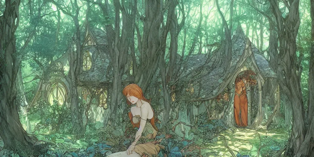 Image similar to an elvish Fairy house in the Woods, fantasy, art nouveau, daylight, warm light, spring, studio ghibli, Moebius, alphonse mucha, siya oum, ultra detailed, High definition, Sharp, artstation