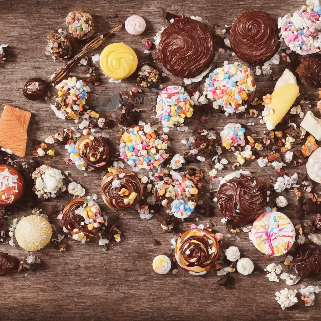 Prompt: wide-angle photo of confectionaries on top of a wooden table, 8k, high detail, photorealistic, proper shading