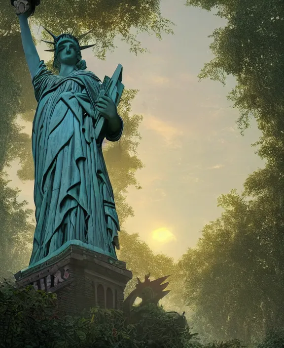 Image similar to highly detailed digital matte painting of a Lady Liberty statue with a few vines and nature with overgrowth Full shot. By Raphael LaCoste and Ruan Jia and Robert McCall, postcyberpunk, geodesic dome, hyperdetailed, sunrise, wide shot, autochrome, octane render