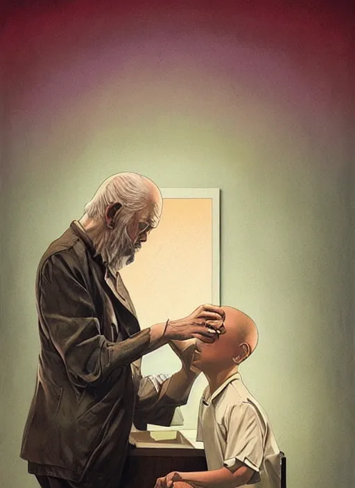 Image similar to poster artwork by Michael Whelan and Tomer Hanuka, Karol Bak of a old man transferring his soul into a young boy, sitting in the board room, from scene from Twin Peaks, clean