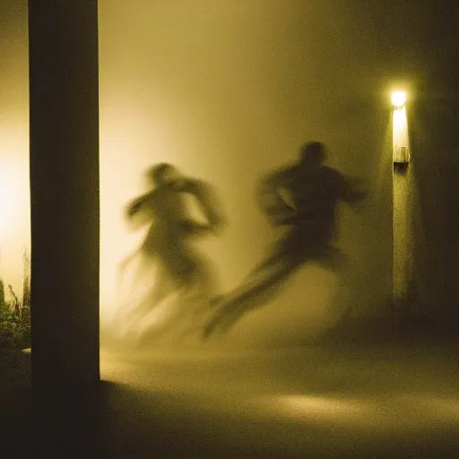 Image similar to cinematic lighting photograph of proffesional Ghost hunters running away from a person acting like a ghost wearing a white cloth over body chasing them