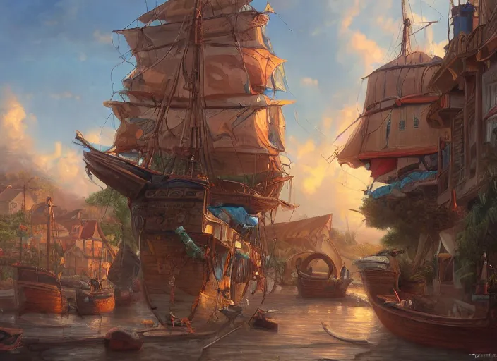 Prompt: a detailed and accurate masterpiece painting from within a town port in the caribbeans, sharp detail, by tyler edlin, noah bradley, john j. park, jordan grimmer trending on artstation