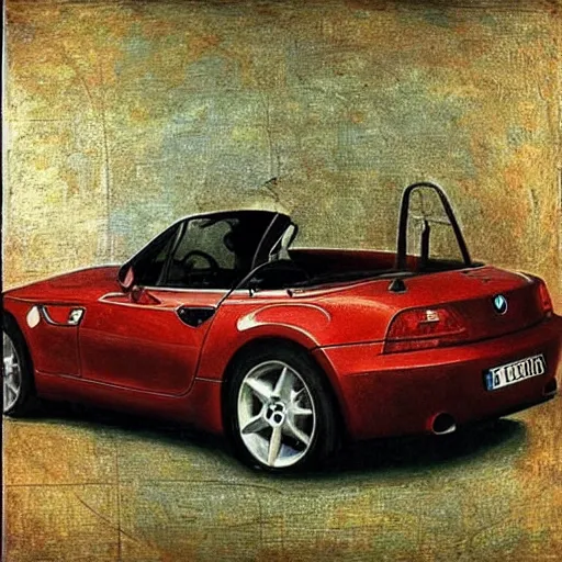 Prompt: “Painting of a BMW Z3 by Leonardo da Vinci, oil on canvas, 15th century”